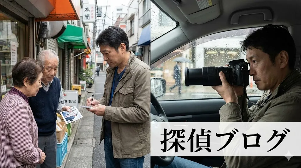 四日市の街で聞き込み調査や張り込みをするプロ探偵をイメージした画像