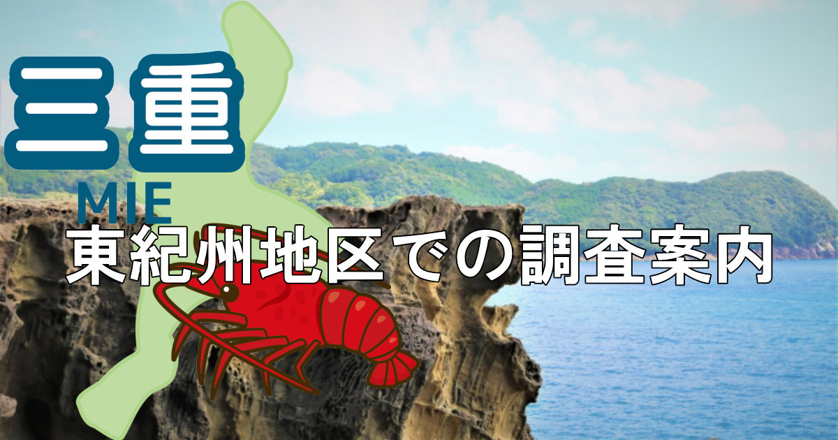 熊野市の鬼が城と三重県地図に東紀州地区での調査案内と書かれたヘッダー画像