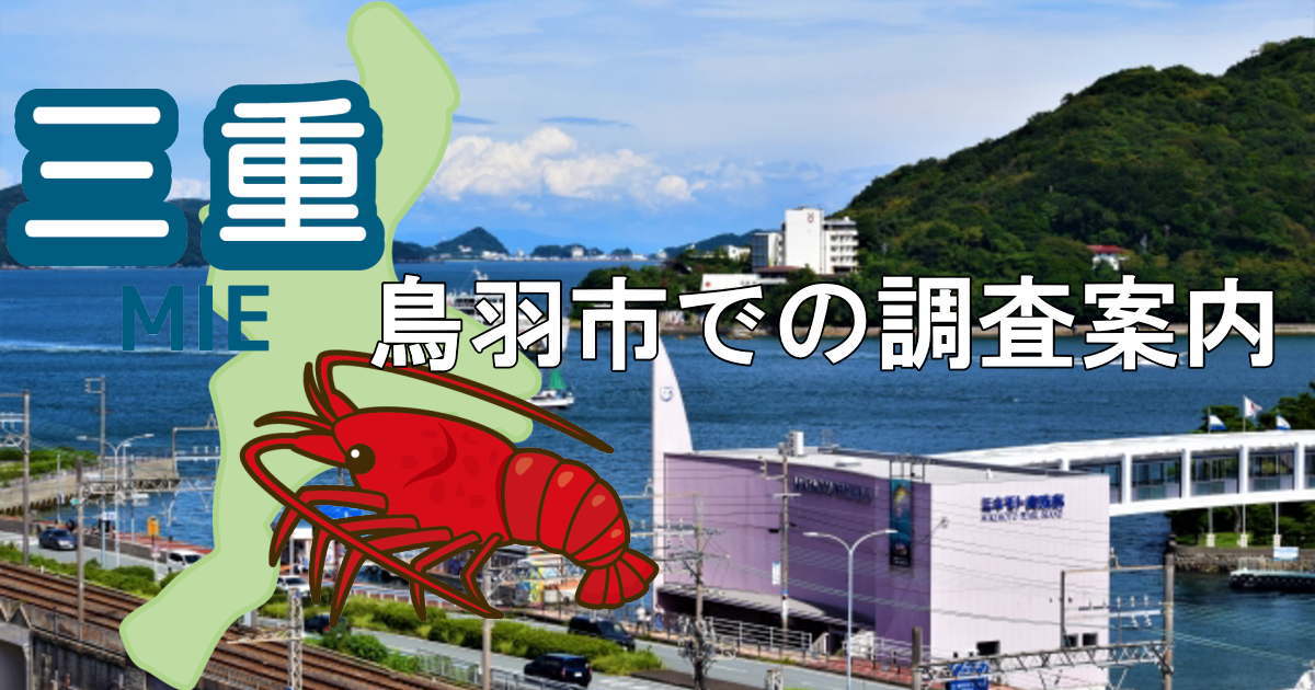 鳥羽駅前のミキモト真珠島と三重県地図に鳥羽市での調査案内と書かれた画像