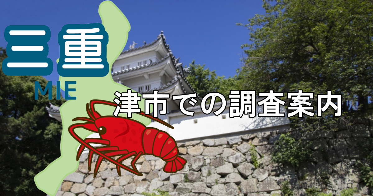 津市の津城と三重県地図に中南勢地区での調査案内と書かれた画像