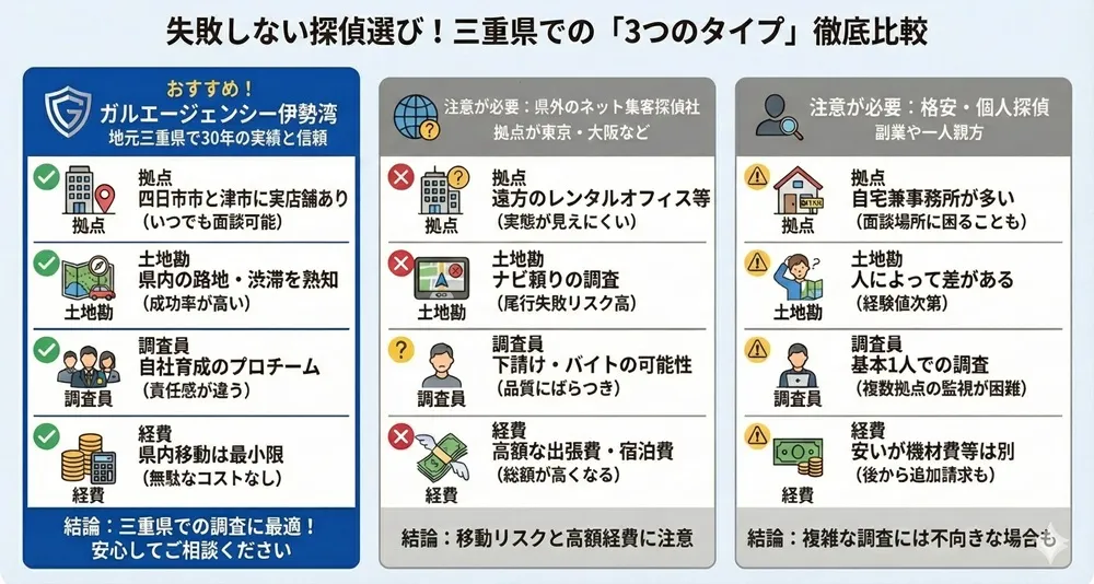 失敗しない探偵選び。三重県での3つのタイプの探偵社、徹底比較表。