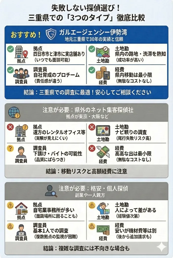 失敗しない探偵選び。三重県での3つのタイプの探偵社、徹底比較表。