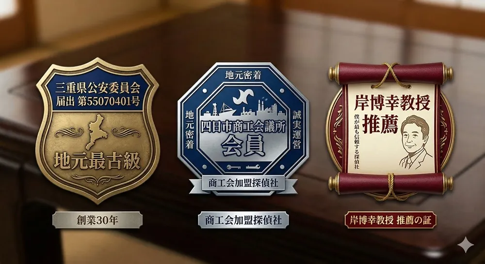 三重県四日市市で30年の実績を持つ探偵社ガルエージェンシー伊勢湾の信頼の証：地元最古級の届出番号、四日市商工会議所会員、岸博幸教授推薦の3つのバッジ