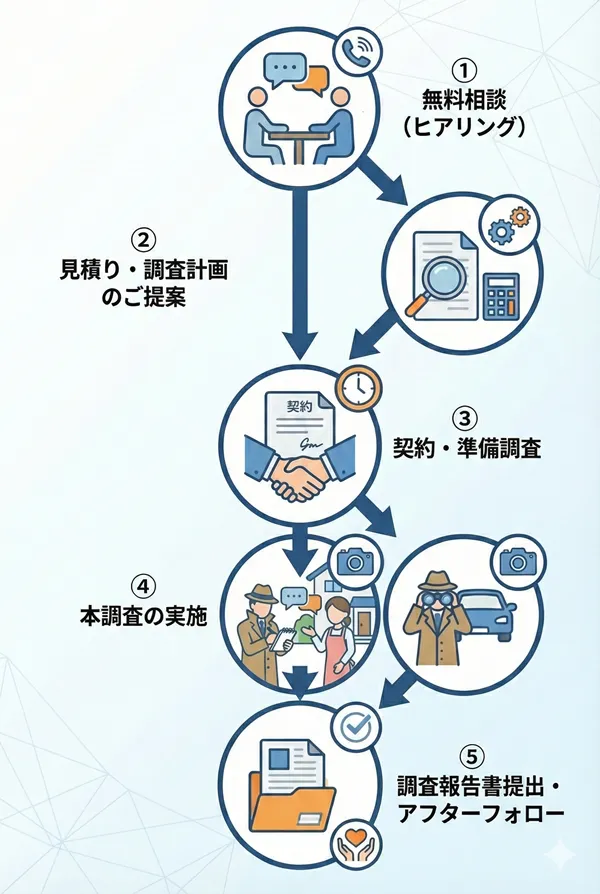 探偵社への相談、調査依頼、調査結果報告の流れ