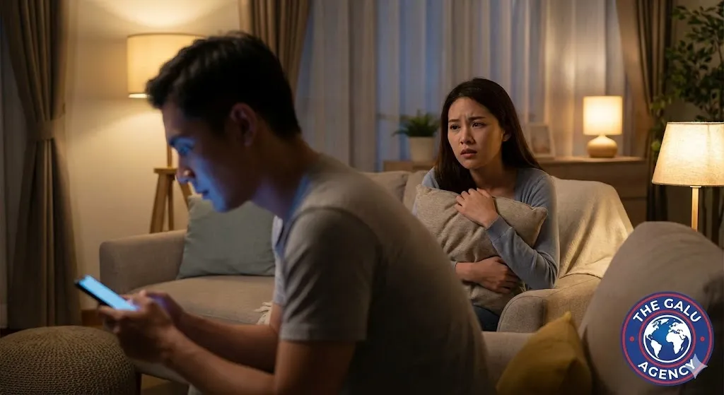 スマホを気にするパートナーの背後で、不安を感じる女性をイメージした画像