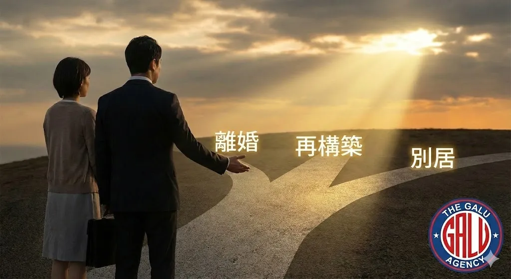 人生の岐路に立つ依頼者に、プロが複数の選択肢と希望の光を指し示す画像